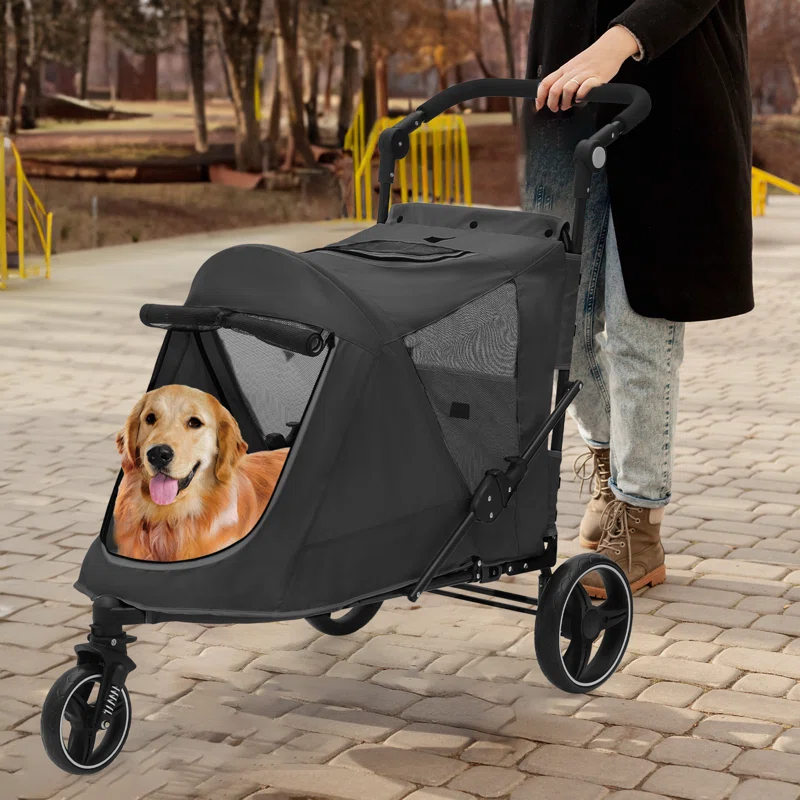 Folding 3 Wheel Pet Stroller, Foldable Dog Jogger Stroller with Adjustable Handlebar and Mesh Window