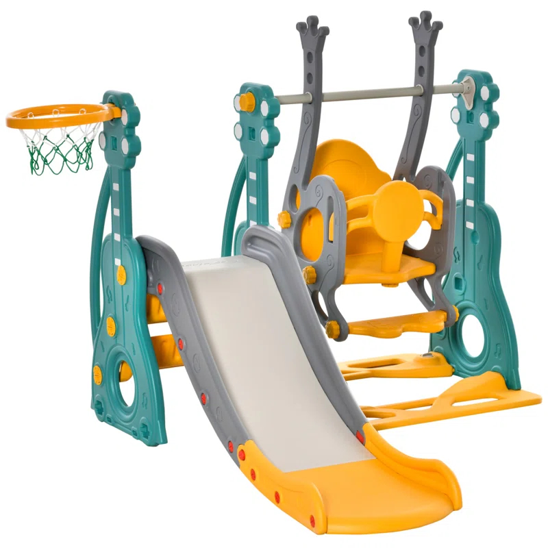 Ophelia & Co. Qaba 3 In 1 Toddler Swing And Slide Set, Kids Slide With Climber, Ultra-Safety, Basketball Hood, Baby Playground Set, Fun Indoor/Outdoor Playset Exercise Toy