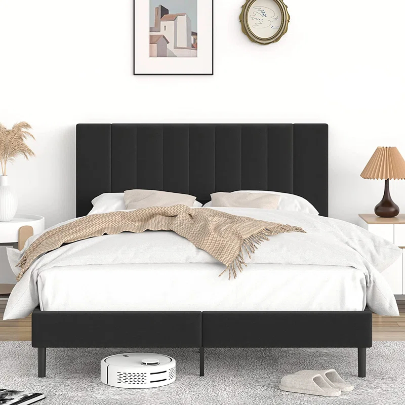Flolinda Platform Bed Frame with Tufted Upholstered Headboard & Solid Wood Bed Legs