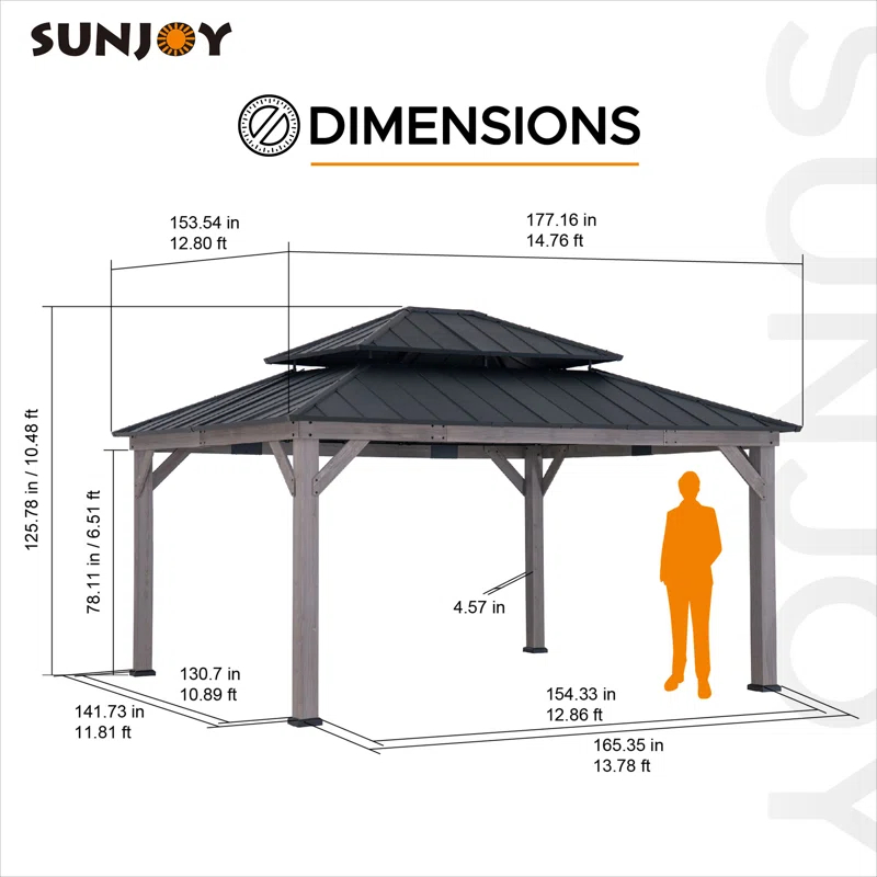 Sunjoy Sunjoy 13 x 15 ft. Wood Gazebo, Outdoor Patio Steel Hardtop Gazebo, Cedar Framed Wooden Gazebo with 2-Tier Metal Roof, Suitable for Patios, Lawn and Backyard