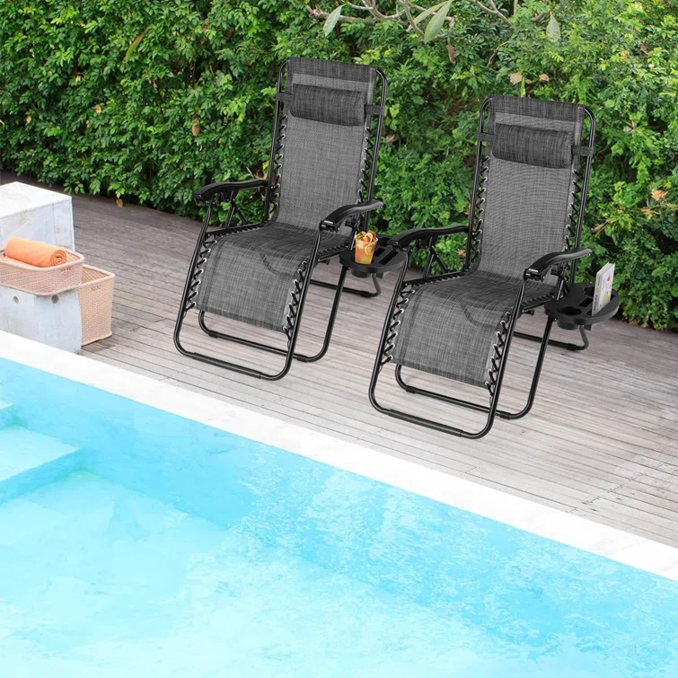 Arlmont & Co. Zero Gravity Chair Set of 2, Outdoor Folding Lounge W/Detachable Headrest & Holder Tray, Adjustable Textilene Lawn Reclining, No Assembly Required, for Patio, Backyard, Garden, Poolside,