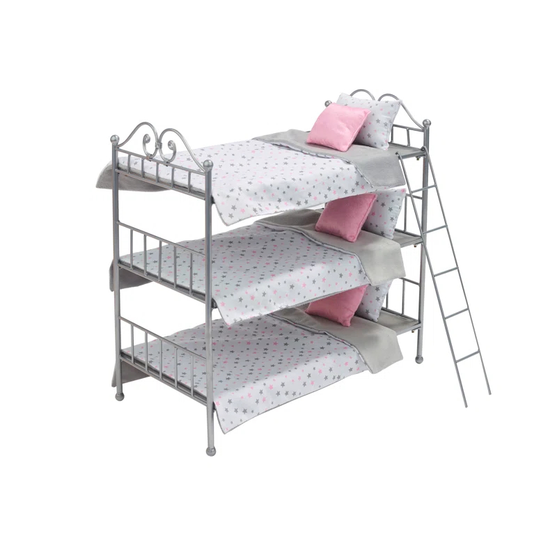 Badger Basket Scrollwork Triple Doll Bunk Bed with Ladder and Bedding