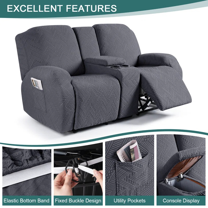 Latitude Run® Box Cushion Recliner Loveseat Slipcovers with Console, Stretch Anti-Slip Reclining Slipcover for 2 Cushion Couch with Pockets