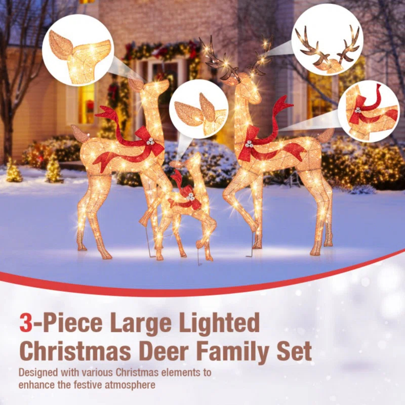 World Menagerie 3 Pcs Large Lighted Christmas Reindeer Family With 440 Led Lights & Bows Buck