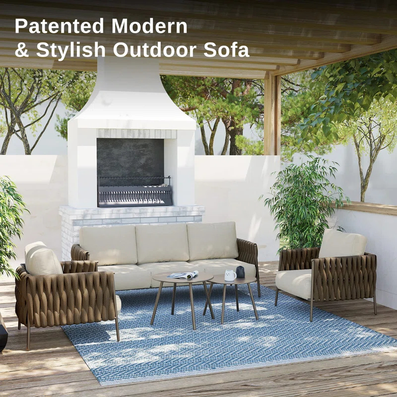 EAST OAK Patio Furniture Set 5 Pieces Sofa with Two Round Coffee Table  and Waterproof Thick Cushion Deep Seating