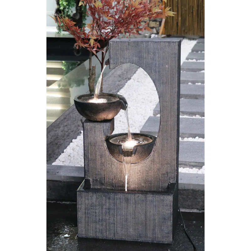 Hi-Line Gift Ltd. Contemporary Semi-Circle Tiered Fountain Outdoor with Warm White LEDS