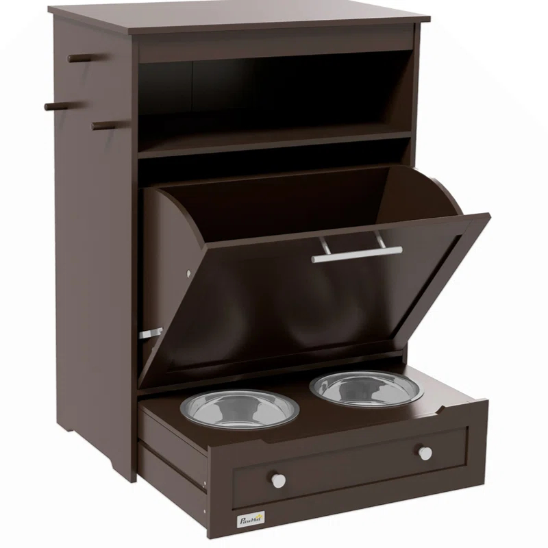 Lark Manor™ Buellton Pawhut Pet Feeder Station, Storage Cabinet Dog Food Storage Container With Raised Dog Bowls And Hanger