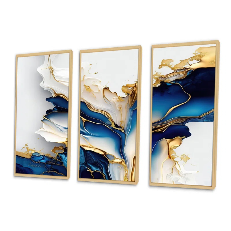 " Abstract Geode Gold And Blue Marble Shape III " 3 - Pieces