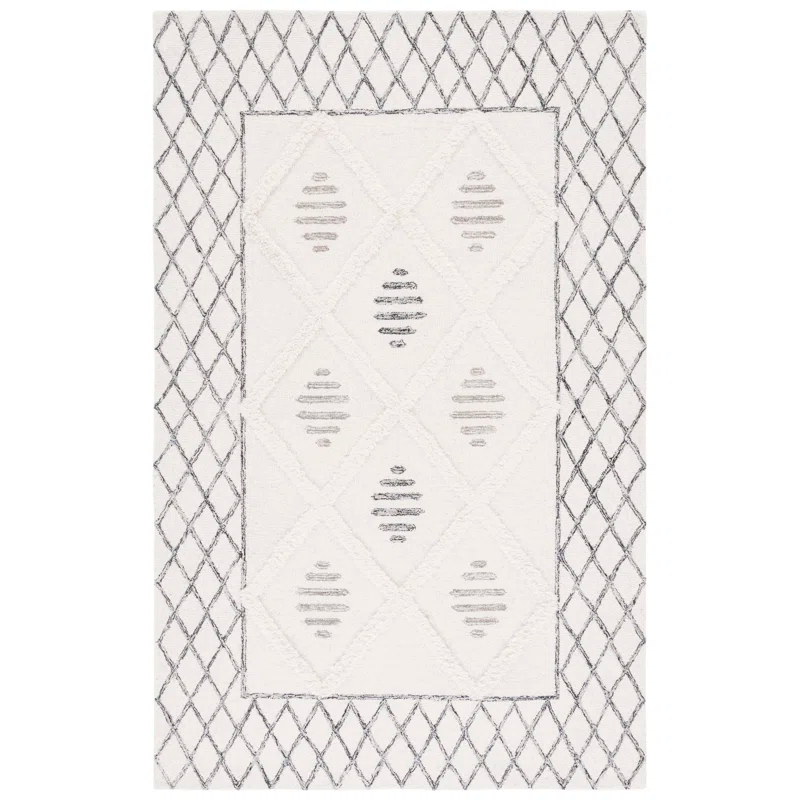Union Rustic Anaia Hand Tufted Wool/Cotton Geometric Rug in Black/Ivory