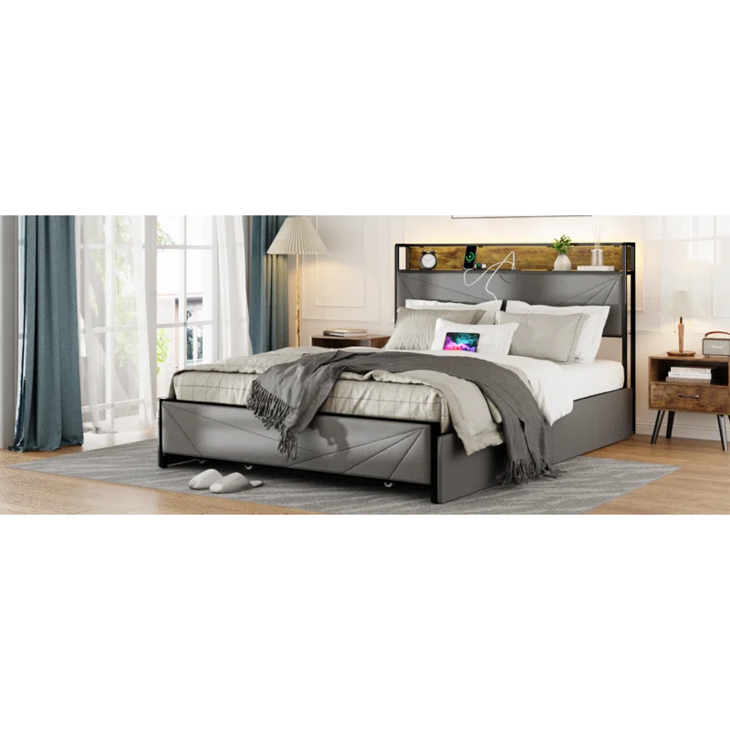 Full Size Bed Frame With 4 Storage Drawers And 2 USB Ports, Upholstered Platform Bed Frame With Storage Headboard Charging Station And Metal Slat Support, No Box Spring Needed, Dark Grey