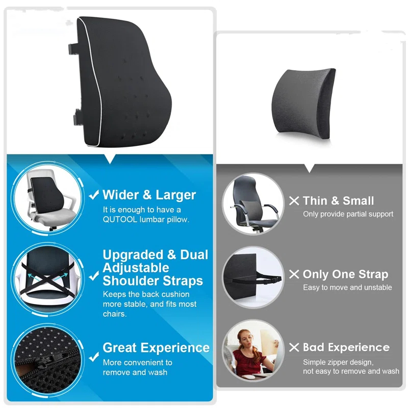 NATIONAL WINDOW Lumbar Support Pillow For Office Chair, Back Support Pillow For Car, Computer, Gaming Chair, Memory Foam Cushion, Relieve Back Pain, Improve Posture, Mesh Cover, Double Adjustable Straps