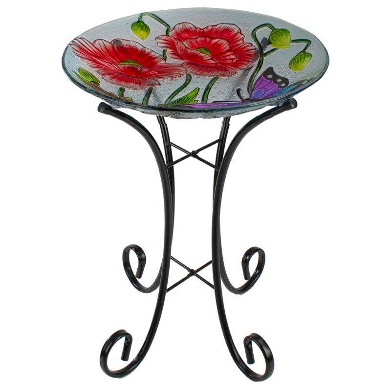 Northlight Seasonal 21" Butterfly and Carnations Hand Painted Glass Outdoor Birdbath