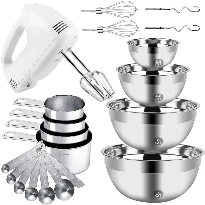 MODERN WALLS LLC B07SJQZVZS Hand Mixer Electric Mixing Bowls Set, 5 Speeds Handheld Mixer With 4 Nesting Stainless Steel Mixing Bowl, Measuring Cups Spoons 200W Kitchen Blender Whisk Beater Baking Supplies For Beginner