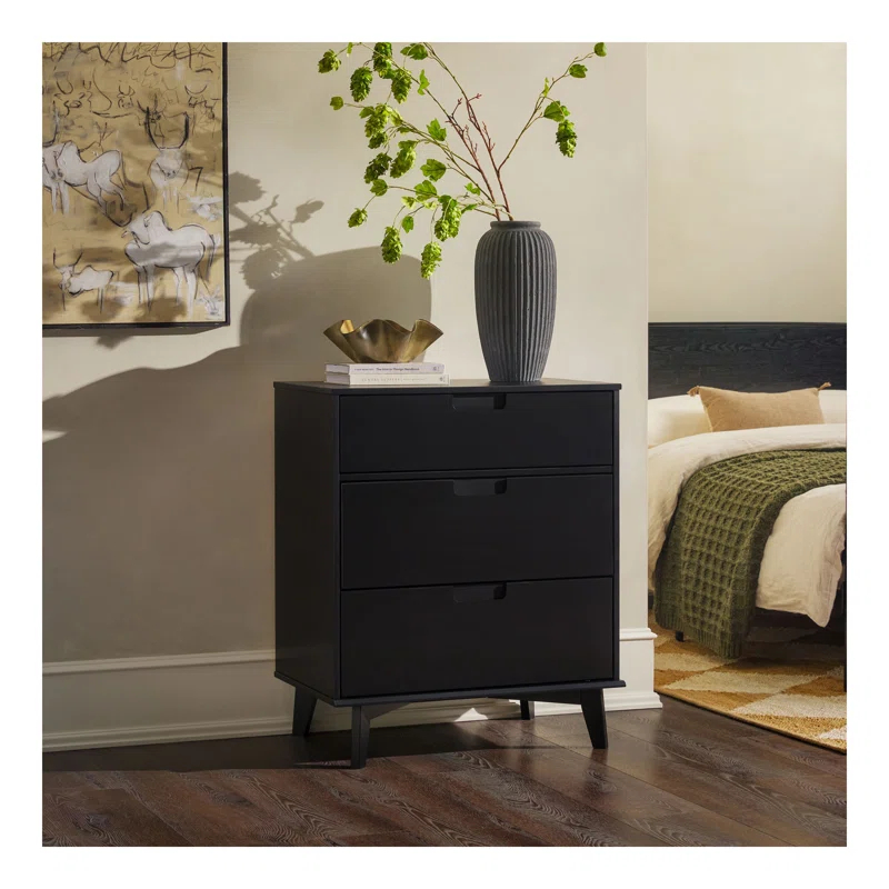 George Oliver Mid-Century Modern Solid Wood 3-Drawer Dresser – Black