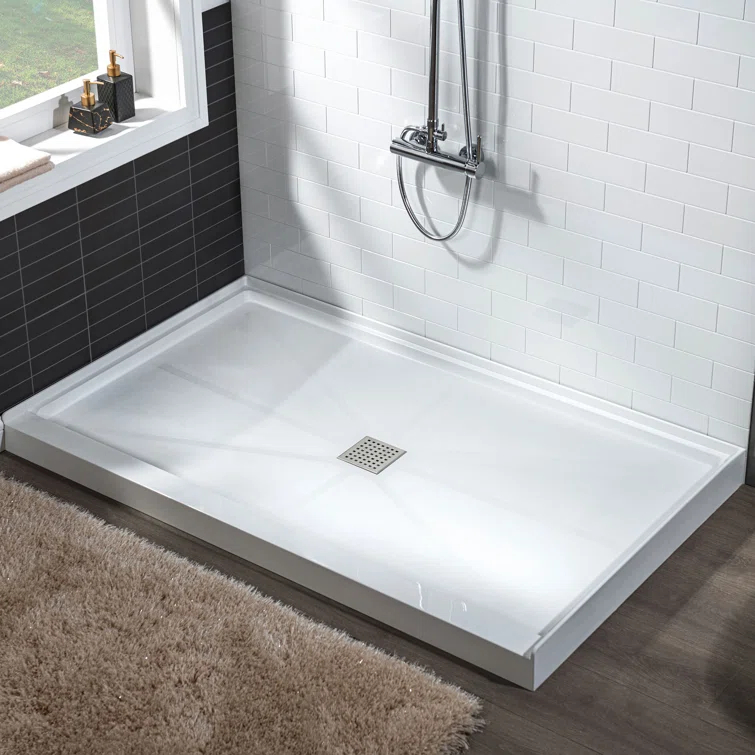 WoodBridge 48" W x 36" Solid Surface Single Threshold Shower Pan Base with Drain Assembly & Drain Cover Included, Non-Slip SBR4836-1000 C