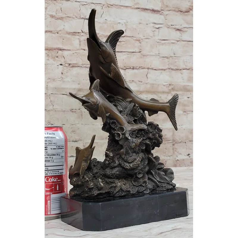 Rosecliff Heights Original Bronze Statue Sculpture Of Marlin Sailfish Swordfish Jumping Out Of Ocean On Marble Base