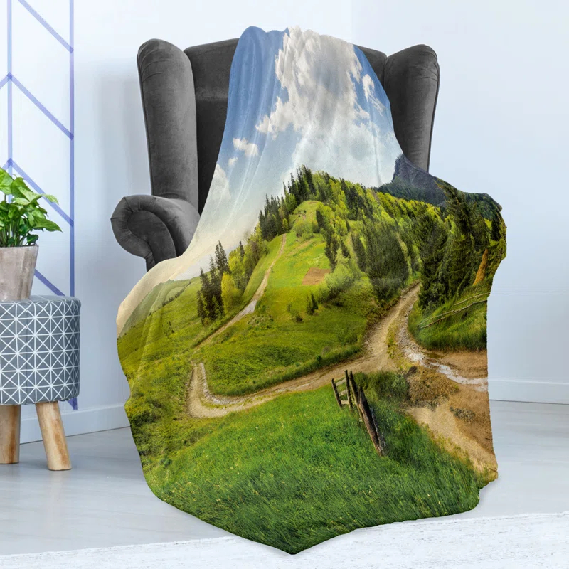 Ambesonne Ambesonne Nature Fleece Throw Blanket Hillside Meadow Trees Green Blue
