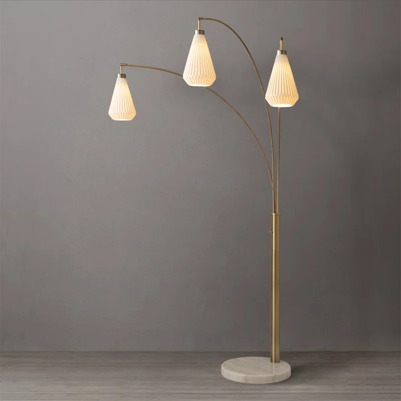 Nova of California Concord Bone Porcelain Shade 3 Light Arc Floor Lamp - 85", Weathered Brass & Walnut, Dimmer Switch