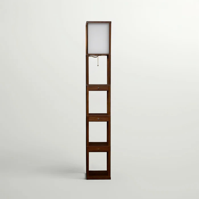 Brightech Maxwell 63" Modern LED Shelf Floor Lamp with Havana Brown Finish, 3 Tiers, and Fabric Square Shade, Bulb Included
