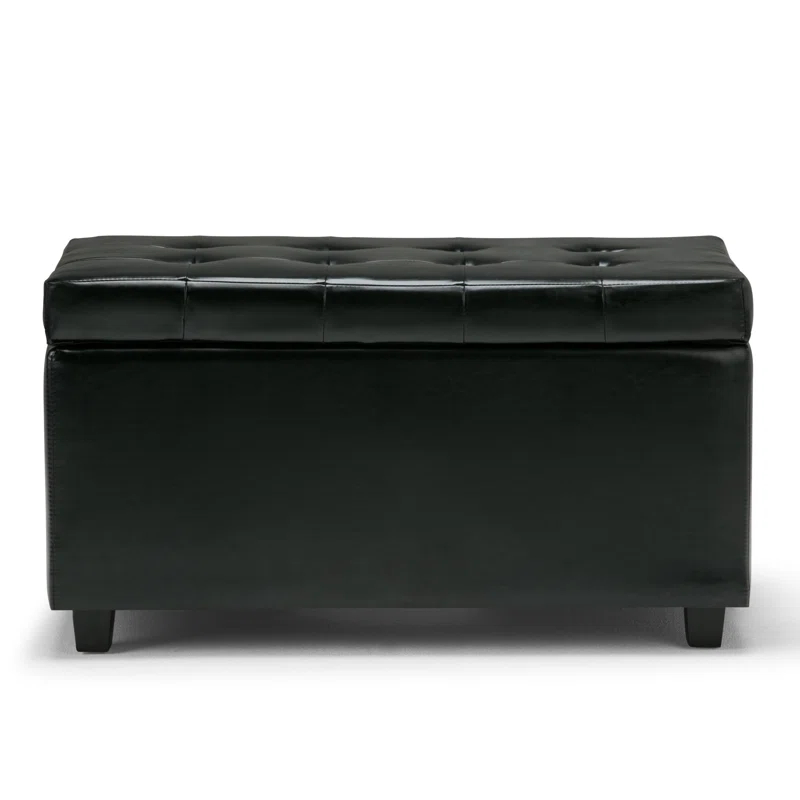 Simpli Home Cosmopolitan 34"W Upholstered Storage Ottoman with Tufted Design and Large Interior Storage