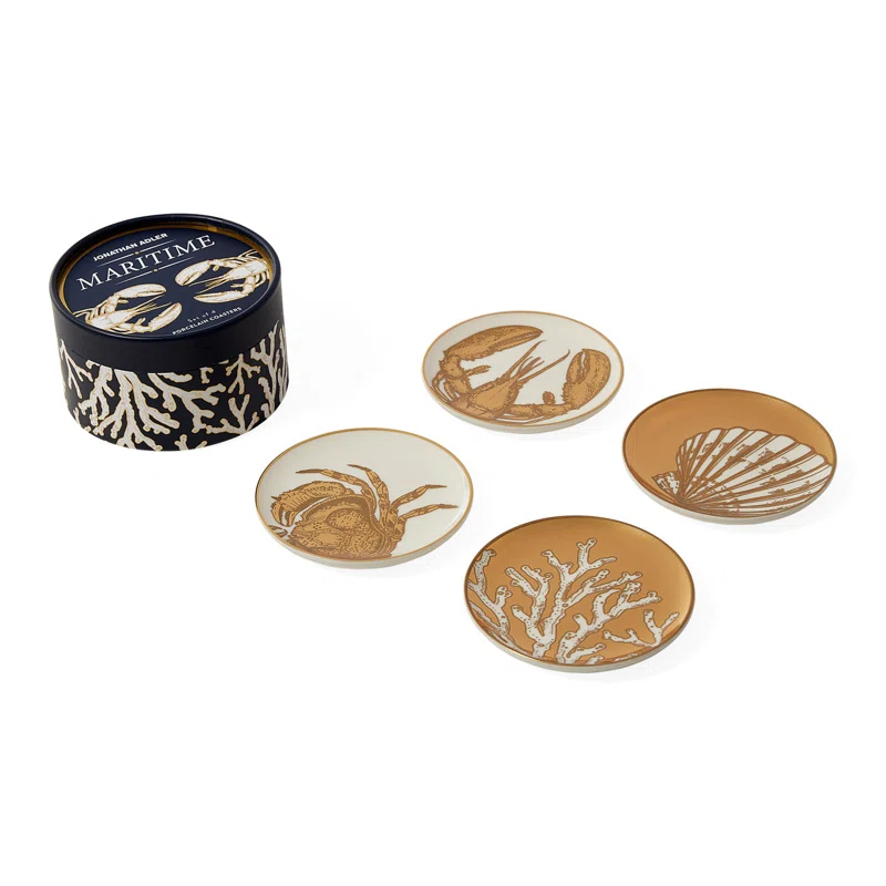 Jonathan Adler Maritime Porcelain China Round 4 Piece Coaster Set (Set of 4)
