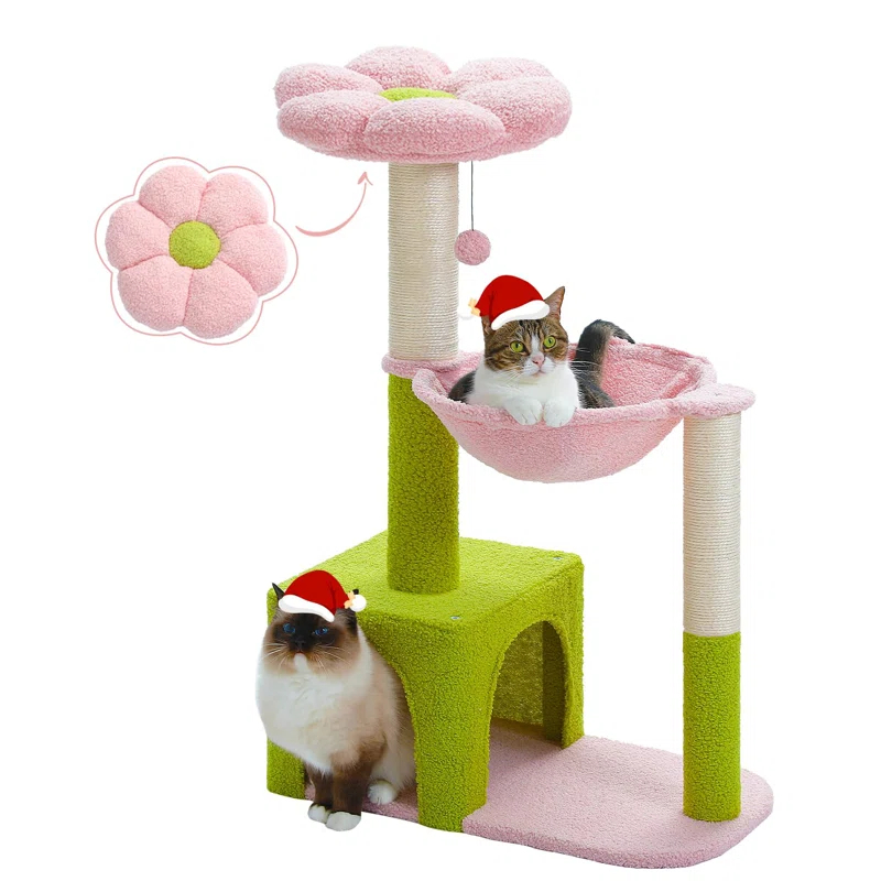 Tucker Murphy Pet™ Flower Cat Tree With Large Metal Frame Hammock, 35" Cute Cat Tower With Sisal Scratching Posts For Small Indoor Cats, Cat Condo With Pink Top Perch For Kittens, Pink