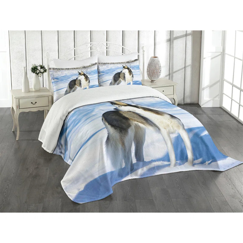 Ambesonne Alaskan Malamute Bedspread Set Husky on Snow Black White Pale Blue | Wayfair
