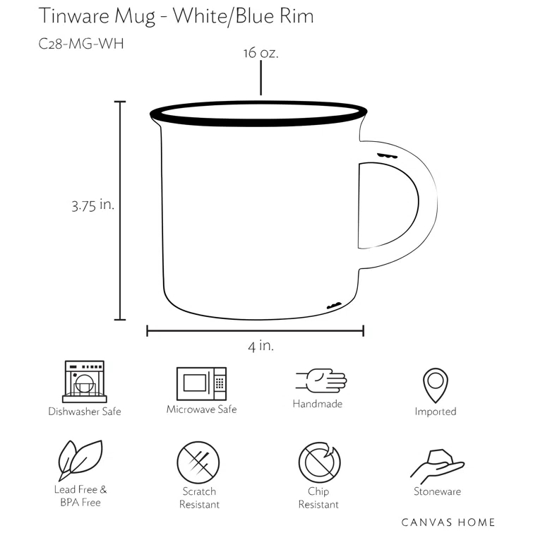 Canvas Home Tinware Stoneware Coffee Mug 16oz (Set of 4)