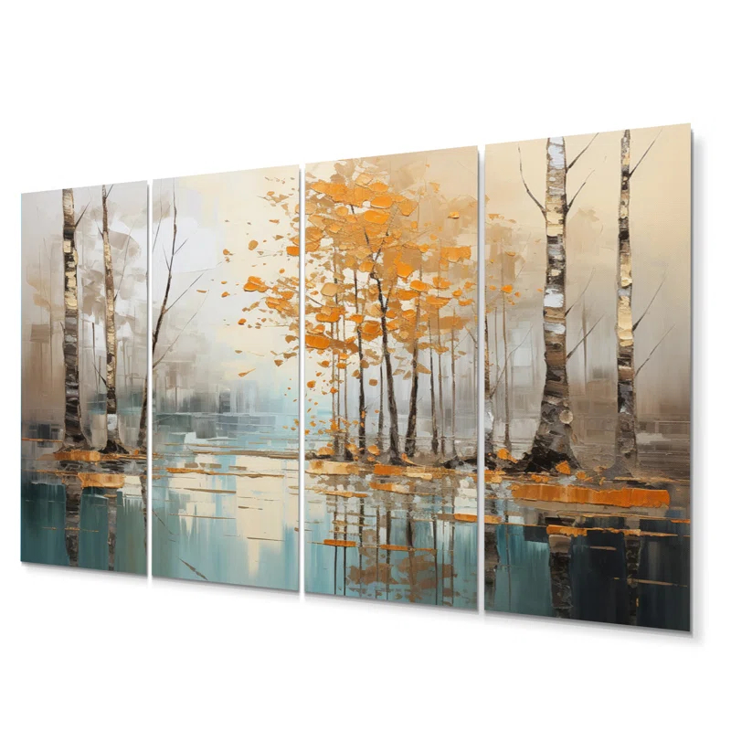 Birch Woods Golden Reflections I - Tree Birch Metal Wall Art Set