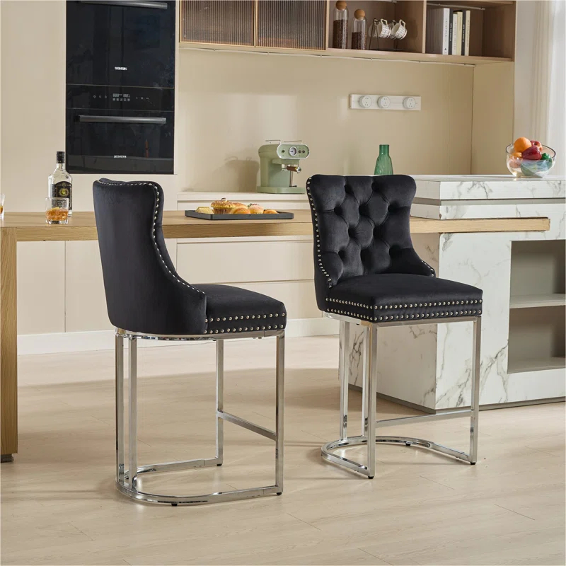 Rosdorf Park 25" Counter Height Bar Stools Set Of 2, Modern Velvet Barstools With Button Back&Rivet Trim Upholstered Kitchen Island Chairs With Sturdy Chromed Metal Base Legs Farmhouse Bar Stools,