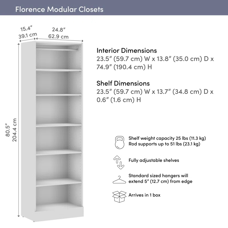 Bestar Florence 25W X 16D Modular Reach-In Or Walk-In Closet System Tower With Shelves