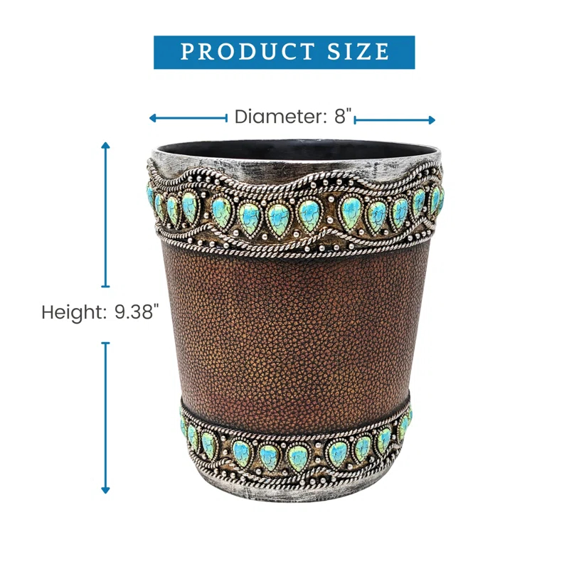 Decor Idea Decorative Resin Faux Leather Small Wastebasket with Turquoise Gem - Southwestern Rustic Trash Bin