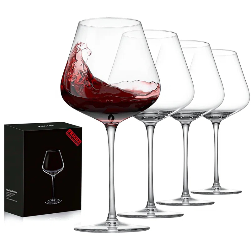 Set Of 4-21 Ounce Hand Blown Italian Style Crystal Burgundy Wine Glasses - Lead-Free Premium Crystal Clear Glass - Gift-Box For Any Occasion