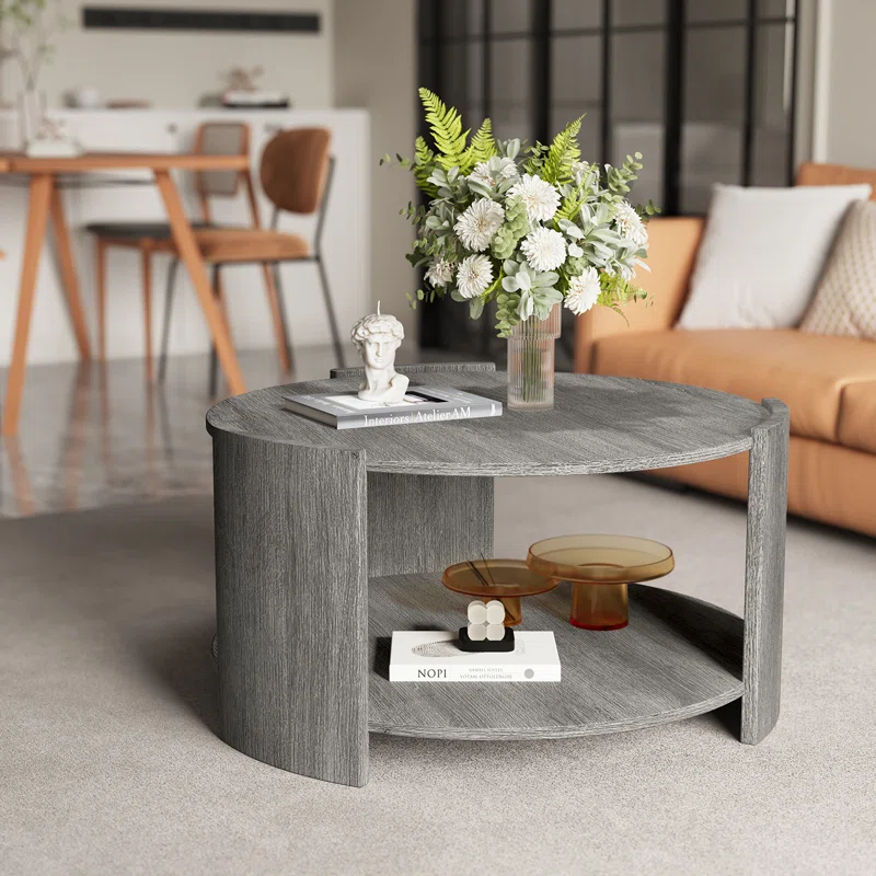 Michaelee Round Coffee Table, 36" Rustic Modern Circle Coffee Tables with 2 Tier Storage Shelf, Cocktail Table for Living Room Apartment