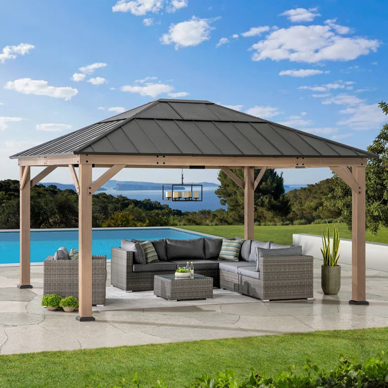 Sunjoy Sunjoy Hardtop Gazebo 13 x 15 ft. Standard Cedar Framed Wood Gazebo, Outdoor Patio Gazebo