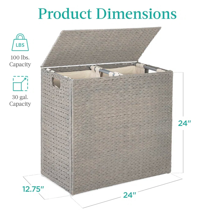 Bayou Breeze Large Water Hyacinth Double Laundry Hamper Basket w/ 2 Liner Bags, Handles