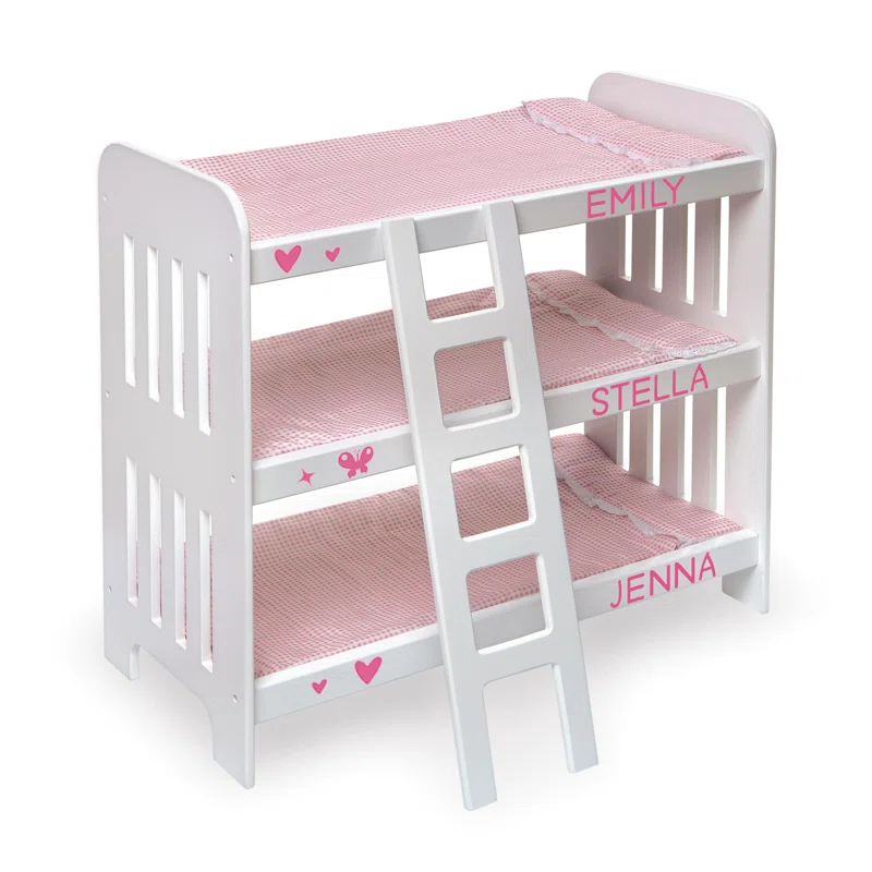 Badger Basket Triple Doll Bunk Bed with Ladder, Bedding, and Free Personalization Kit - Pink Gingham