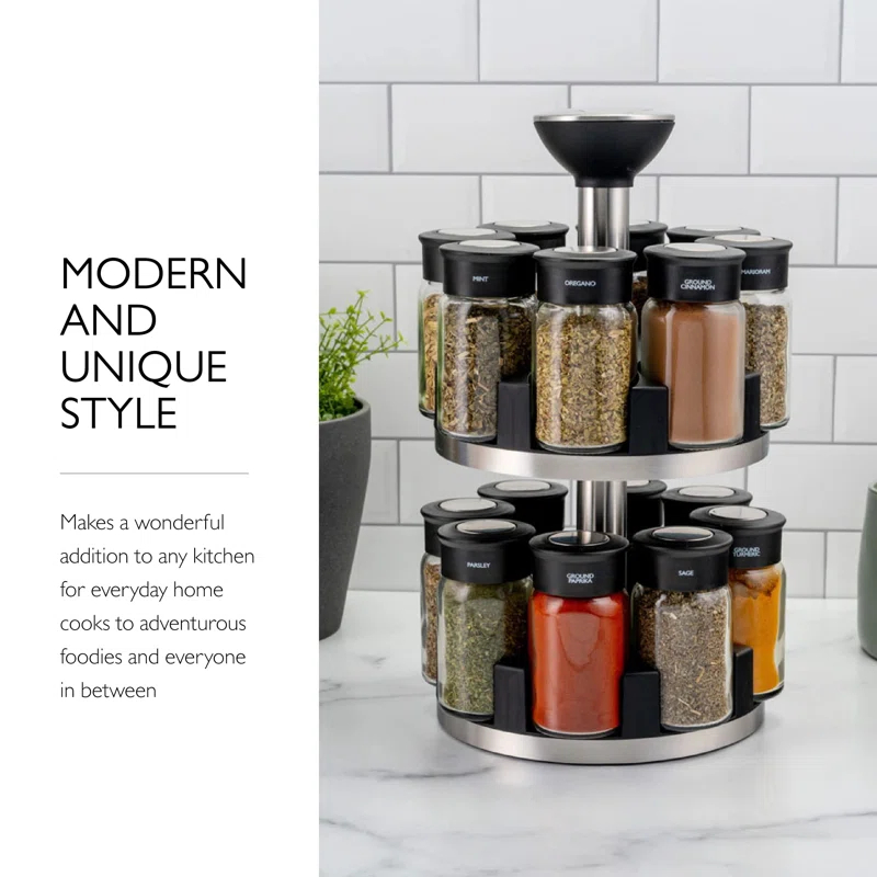 Latitude Run® Silver Stainless Steel Tiered Spice Rack - 16 Jar Manual Revolving Carousel For Easy Access