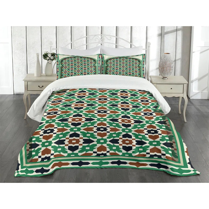 Ambesonne Retro Bedspread Set Moroccan Arch with Floral Green Brown