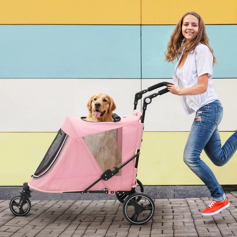 MoNiBloom Folding 3 Wheel Pet Stroller, Foldable Dog Jogger Stroller with Adjustable Handlebar and Mesh Window