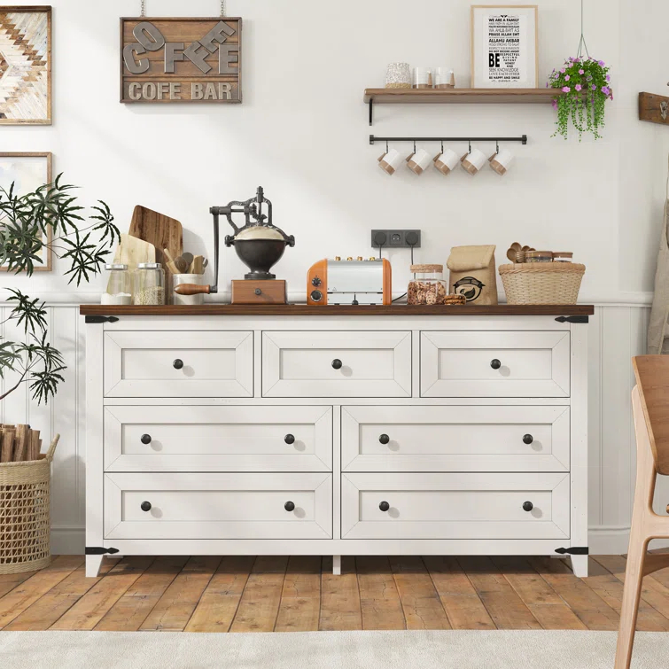 Gracie Oaks Wood Dresser For Bedroom With 7 Drawers, Farmhouse Chest Of Drawers