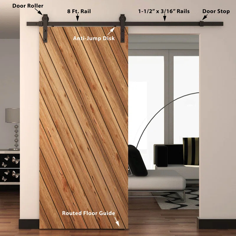 American Pro Decor Steel Sliding Rolling Barn Door Hardware Kit for Single Wood Doors with Routed Floor Guide