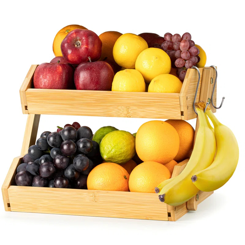 Foundry Select Fruit Basket W/Banana Hanger, 2-Tier Bamboo Fruit & Vegetable Storage Organizer For Kitchen Counter, Lightweight & Easy Assembly Countertop Fruit Stand Holder Bowl