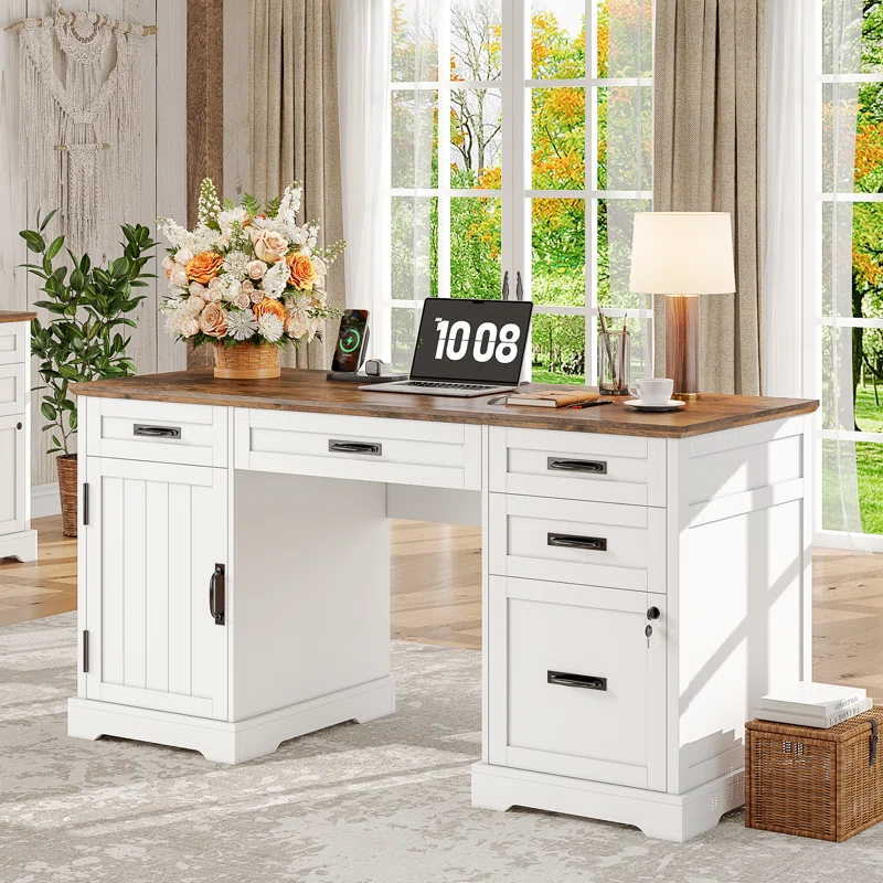 August Grove® 55'' Farmhouse Executive Desk with Drawers, File Cabinet and Power Outlets