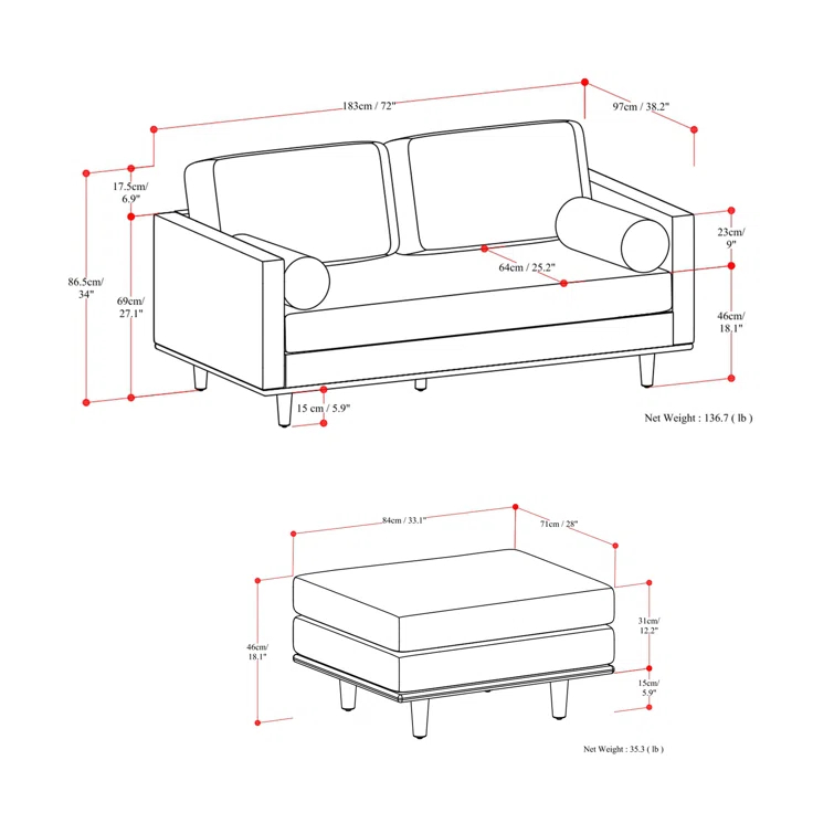 Simpli Home Morrison  Sofa and Ottoman Set in Genuine Leather