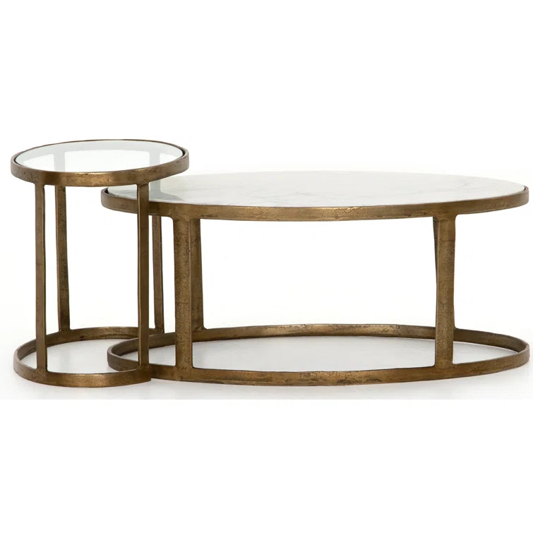 Gold and White Oval Marble Glass Nesting Coffee Table