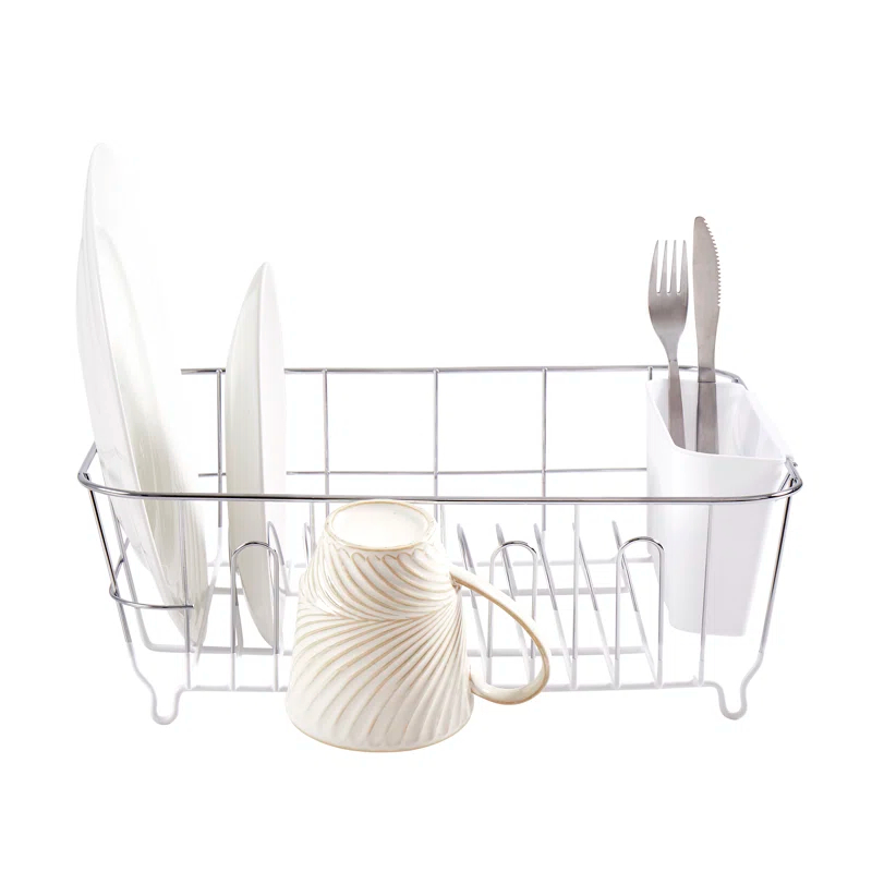 Sweet Home Collection Chrome Plated Steel 2-Piece Compact Dish Drainer with Utensil Caddy