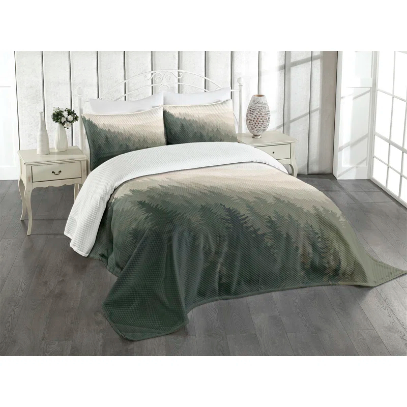 Ambesonne Forest Bedspread Set Scandinavian Nature Cream Tan Dark Green