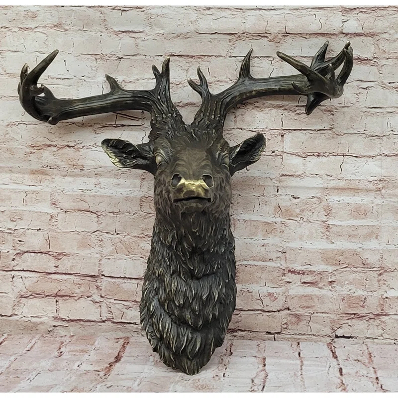 Loon Peak® Kaelib Hanging Wall Art Mounted Elk Deer Bust Head Stag Antlers Buck Bronze Sculpture