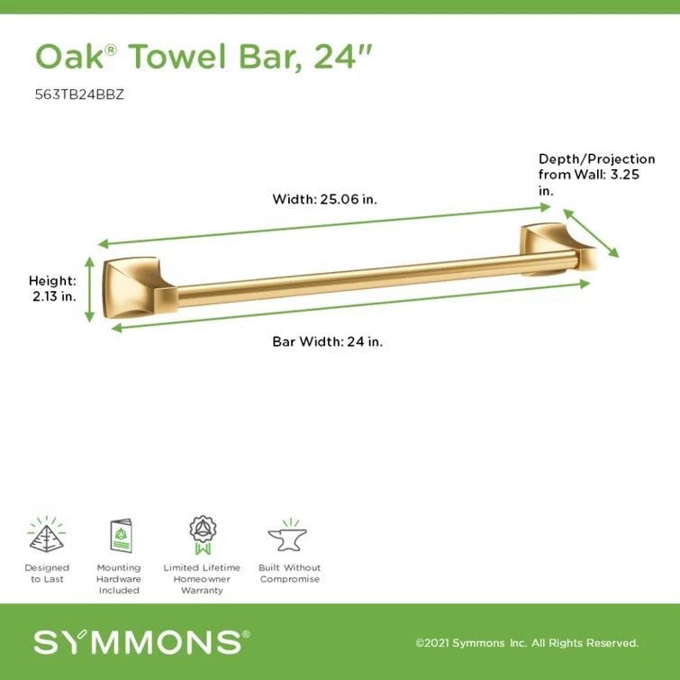 Symmons Oak Wall Mounted Bathroom Towel Bar with Installation Hardware 563TB24BBZ